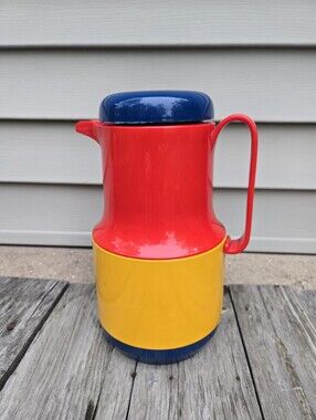 Vtg 80s Colorblock Carafe Pitcher Insulated Thermos 1 Qt Primary Colors Hot Cold